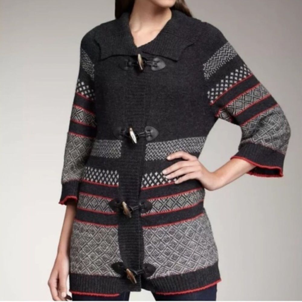 Splendid Nordic Fair Isle Cardigan Sweater Grey Red Medium